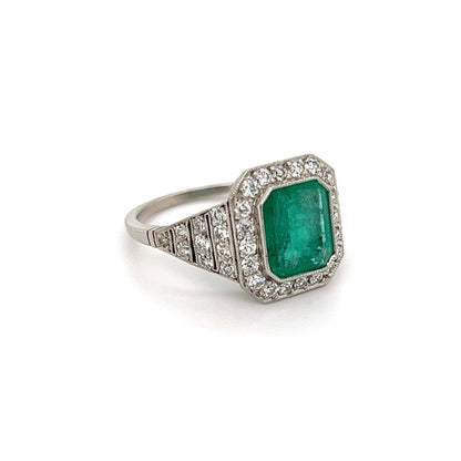 Antique Halo Emerald Engagement Ring, Emerald Gold Ring, Natural Emerald Wedding Ring, Art Deco Emerald and Diamond Ring, Statement Ring