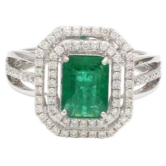 2 Carat Emerald Engagement Ring, Double Halo Emerald Gold Ring, Natural Emerald Wedding Ring, Art Deco Emerald and Diamond Statement Ring