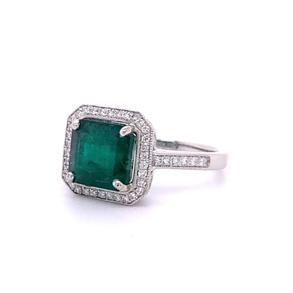 Antique Emerald and Diamond Engagement Ring, Halo Emerald Statement Ring for her, Natural Emerald Gold Ring, Art Deco Emerald Wedding Ring