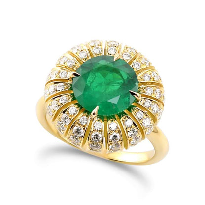 European Antique Emerald Engagement Ring, Vintage Emerald Gold Ring, Natural Emerald and Diamond Wedding Ring Halo Emerald Statement Ring