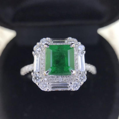 Art Deco Emerald Engagement Ring, Antique Halo Natural Emerald Wedding Ring for her, Unique Emerald and Diamond Statement Ring, Promise Ring