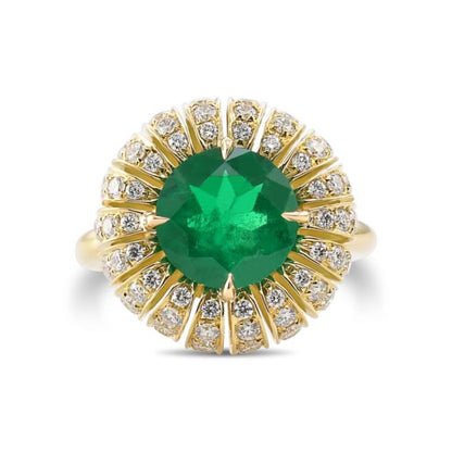 European Antique Emerald Engagement Ring, Vintage Emerald Gold Ring, Natural Emerald and Diamond Wedding Ring Halo Emerald Statement Ring