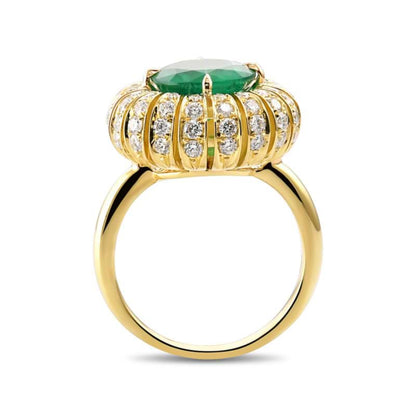 European Antique Emerald Engagement Ring, Vintage Emerald Gold Ring, Natural Emerald and Diamond Wedding Ring Halo Emerald Statement Ring