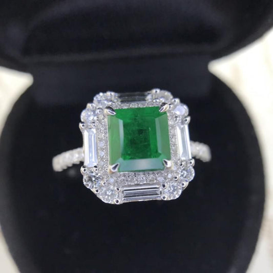 Art Deco Smaragd Verlobungsring, Antiker Halo Natürlicher Smaragd Ehering für sie, Einzigartiger Smaragd und Diamant Statement Ring, Verlobungsring