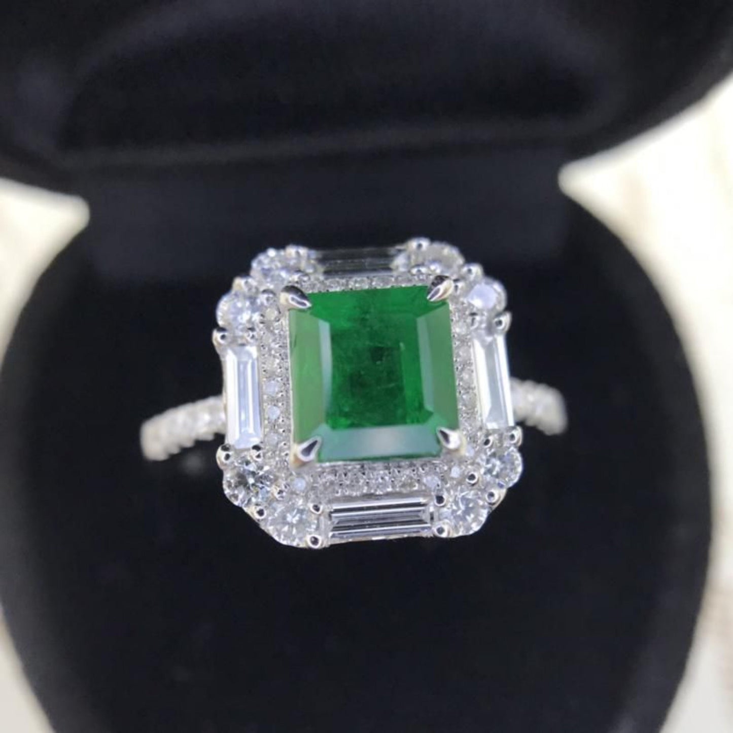 Art Deco Emerald Engagement Ring, Antique Halo Natural Emerald Wedding Ring for her, Unique Emerald and Diamond Statement Ring, Promise Ring