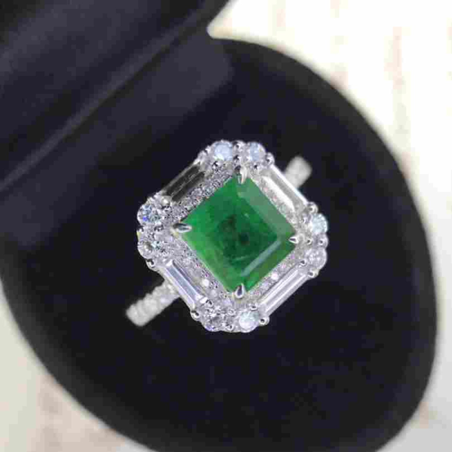 Art Deco Emerald Engagement Ring, Antique Halo Natural Emerald Wedding Ring for her, Unique Emerald and Diamond Statement Ring, Promise Ring