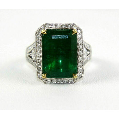 4 Carat Emerald Engagement Ring, 14K Gold Vintage Emerald Gold Ring, Natural Emerald and Diamond Wedding Ring, Halo Emerald Statement Ring,