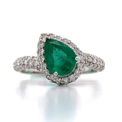 Antique Pear Cut Emerald Statement Ring for Women, 14K Gold Natural Emerald and Diamond Engagement Ring for her Natural Emerald Wedding Ring