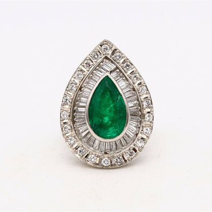 14K Gold Art Deco Vintage Emerald Engagement Ring, Double Halo Emerald and Diamond Statement Ring for her, Natural Emerald Wedding Ring