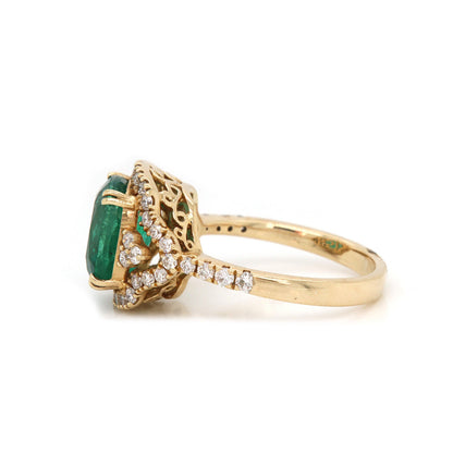 Art Deco Emerald Engagement Ring, 14K Gold Natural Emerald Wedding Ring for her, Halo Emerald Gold Ring, Statement Ring, Gift for Women