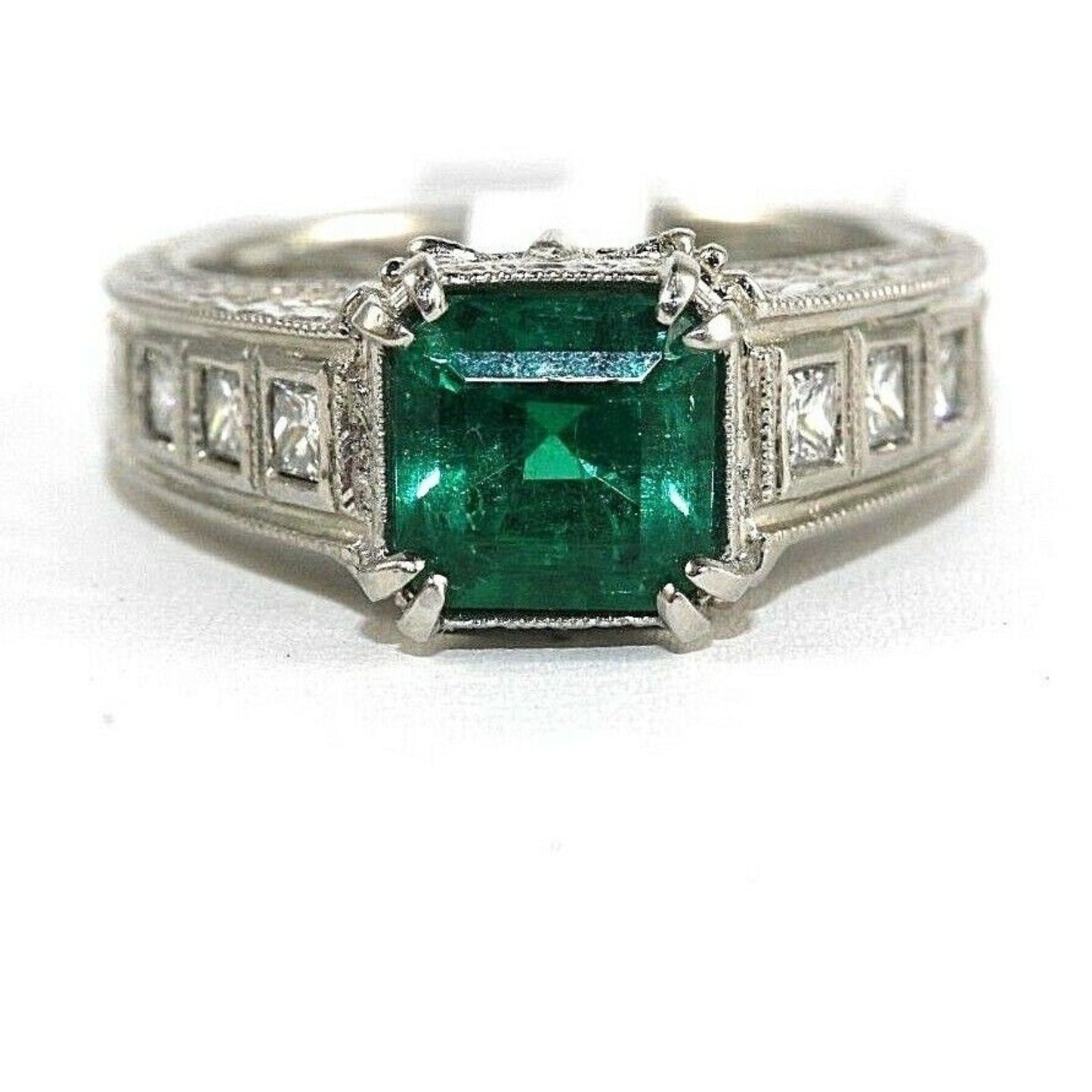 14K Gold Antique Natural Emerald Engagement Ring, Unique Vintage Natural Emerald and Diamond Wedding Ring, Halo Emerald Statement Ring,