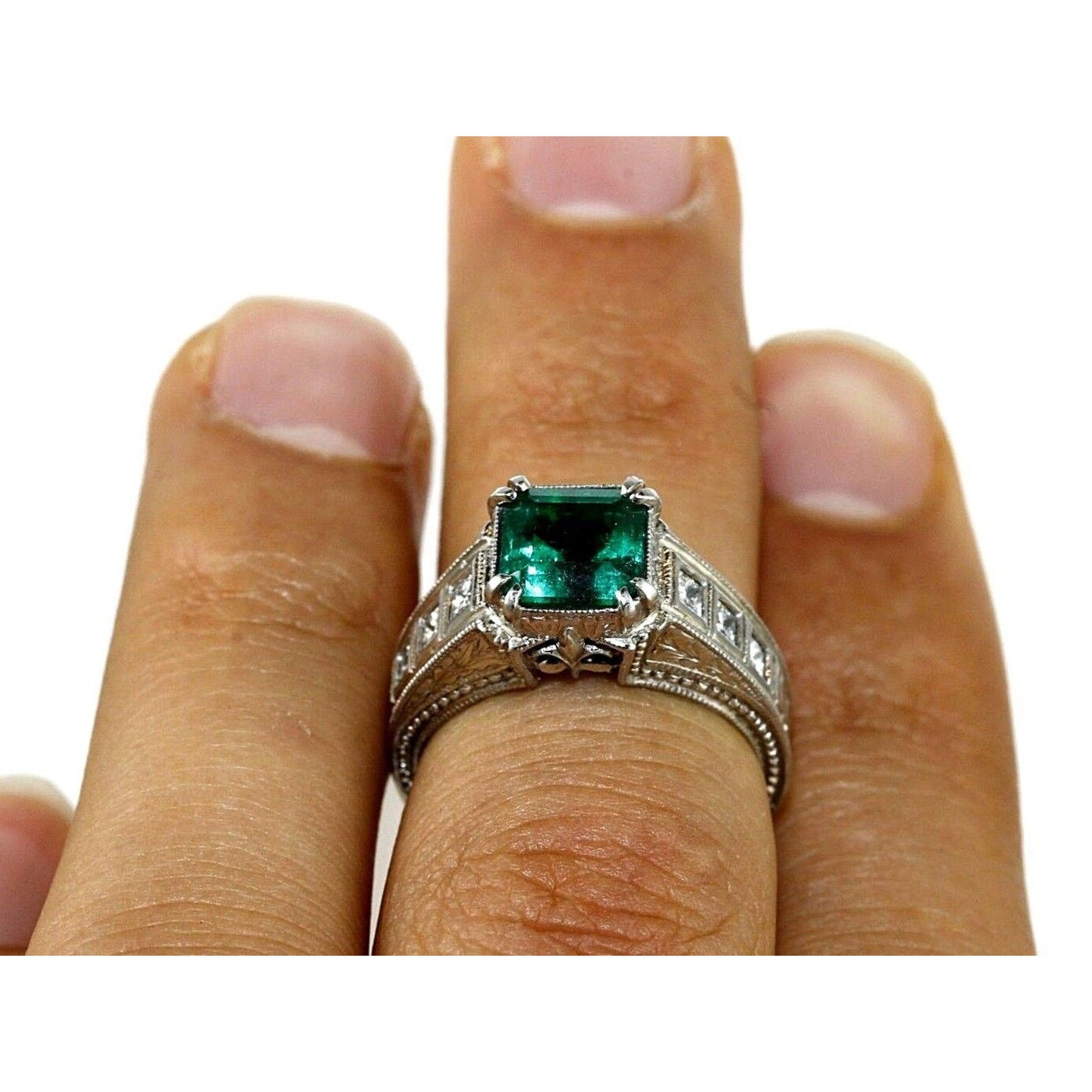 14K Gold Antique Natural Emerald Engagement Ring, Unique Vintage Natural Emerald and Diamond Wedding Ring, Halo Emerald Statement Ring,