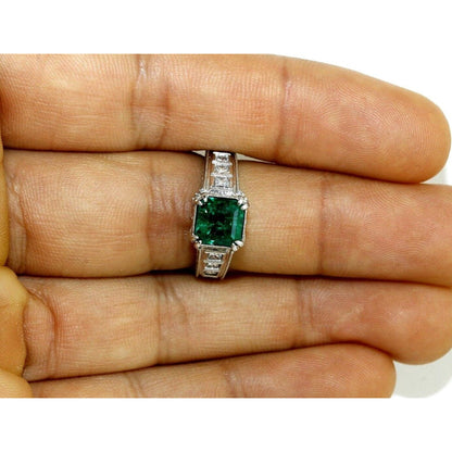 14K Gold Antique Natural Emerald Engagement Ring, Unique Vintage Natural Emerald and Diamond Wedding Ring, Halo Emerald Statement Ring,