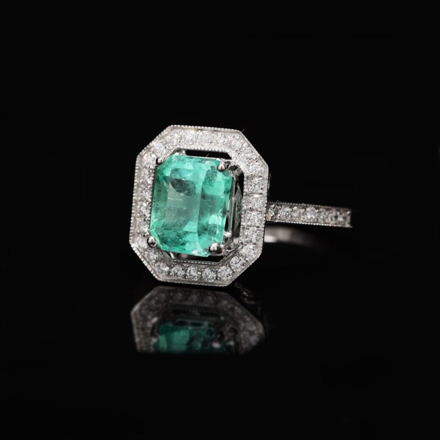 14K Gold Halo Colombian Emerald Engagement Ring Natural Emerald Wedding Ring Natural Emerald and Diamond Promise Ring Emerald Statement Ring