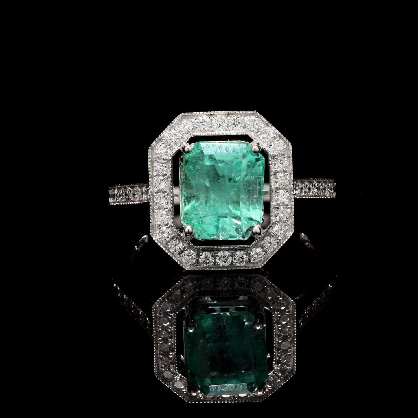 14K Gold Halo Colombian Emerald Engagement Ring Natural Emerald Wedding Ring Natural Emerald and Diamond Promise Ring Emerald Statement Ring