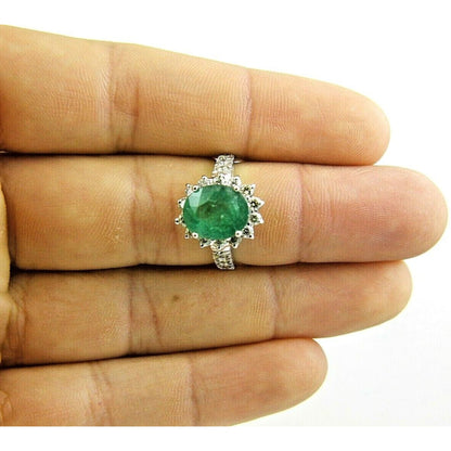 Art Deco Halo Emerald Engagement Ring, Vintage Emerald Gold Ring, Natural Emerald and Diamond Wedding Ring for her, Emerald Statement Ring,