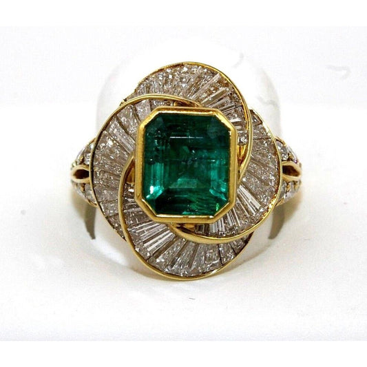 14K Yellow Gold Antique Emerald Engagement Ring, Vintage Emerald Gold Ring, Natural Emerald and Diamond Wedding Ring for her Statement Ring,