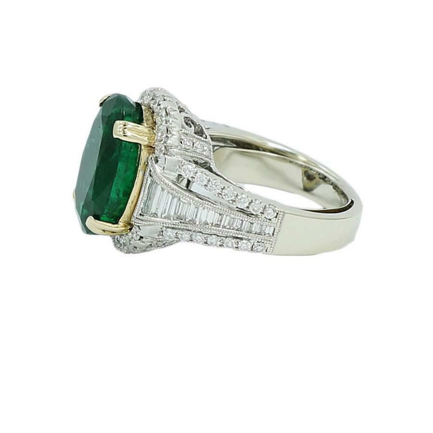 14K Gold Antique Emerald Engagement Ring, Vintage Emerald and Diamond Statement Ring for her, Unique Natural Emerald Wedding Ring