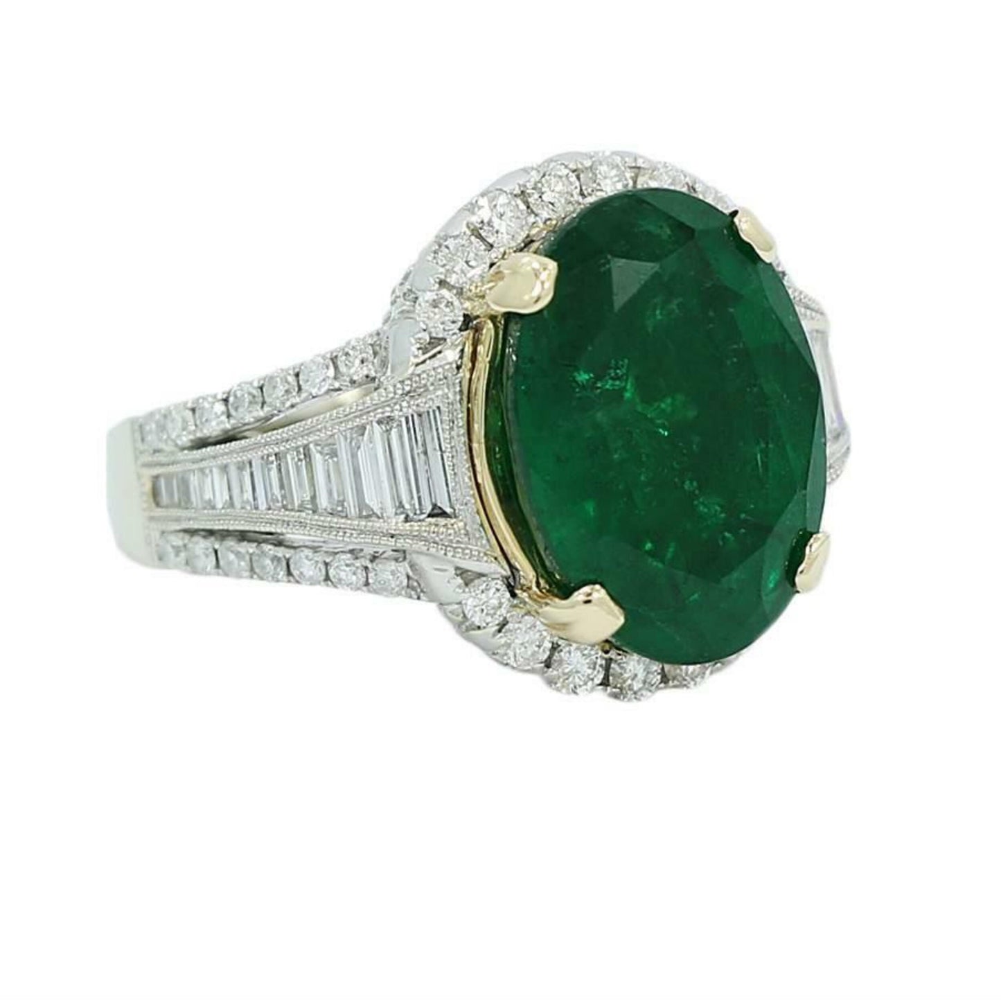 14K Gold Antique Emerald Engagement Ring, Vintage Emerald and Diamond Statement Ring for her, Unique Natural Emerald Wedding Ring