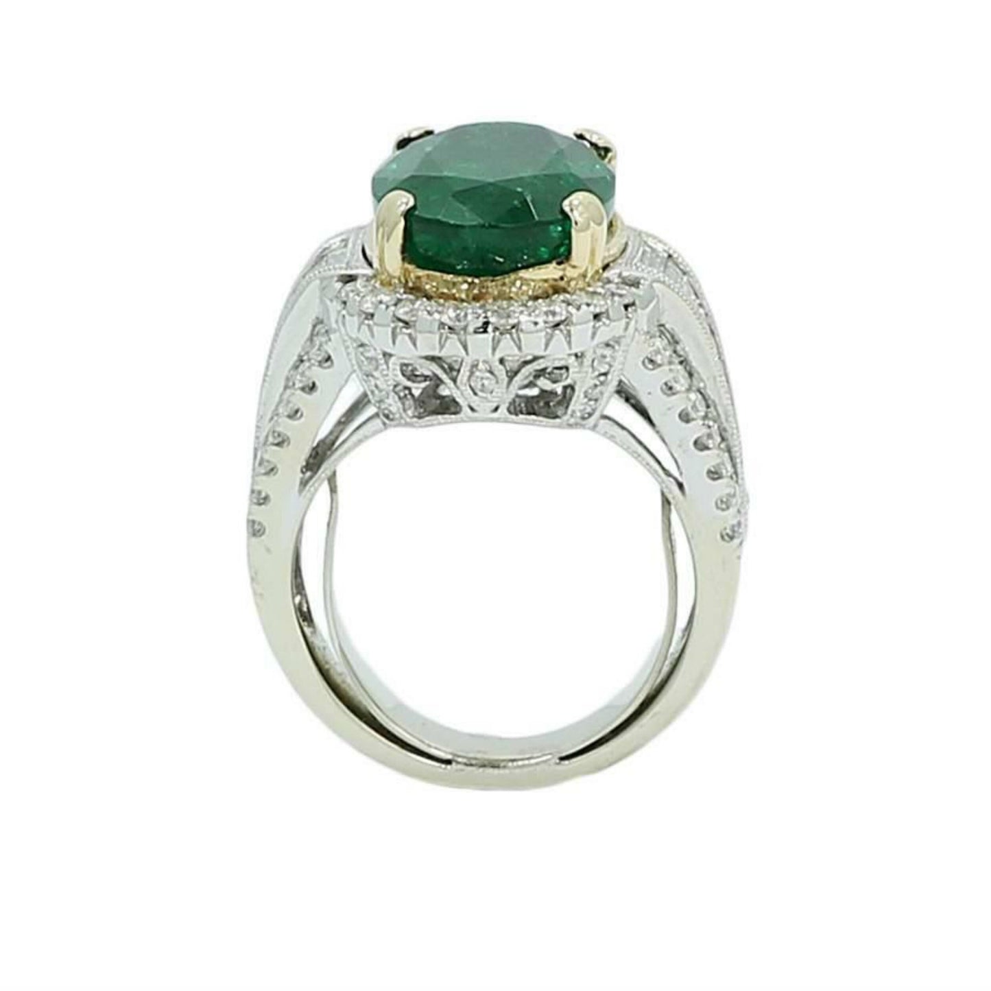 14K Gold Antique Emerald Engagement Ring, Vintage Emerald and Diamond Statement Ring for her, Unique Natural Emerald Wedding Ring