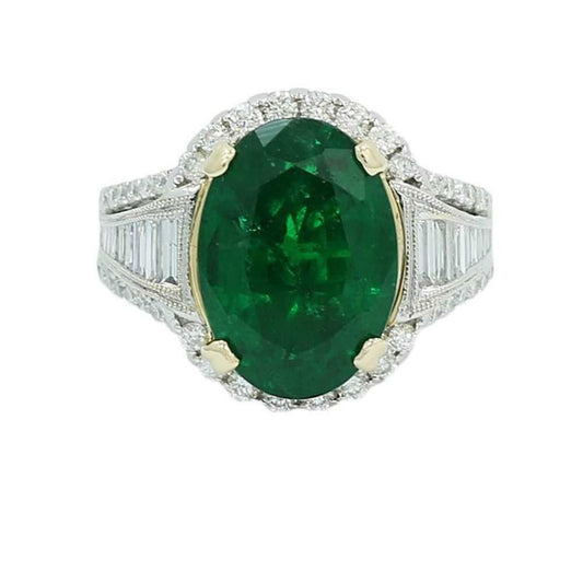 14K Gold Antique Emerald Engagement Ring, Vintage Emerald and Diamond Statement Ring for her, Unique Natural Emerald Wedding Ring