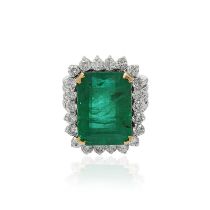 14K Gold Vintage Emerald Engagement Ring, Art Deco Emerald Gold Ring, Halo Natural Emerald and Diamond Wedding Ring, Emerald Statement Ring,