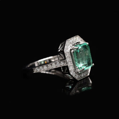 14K Gold Halo Colombian Emerald Engagement Ring Natural Emerald Wedding Ring Natural Emerald and Diamond Promise Ring Emerald Statement Ring