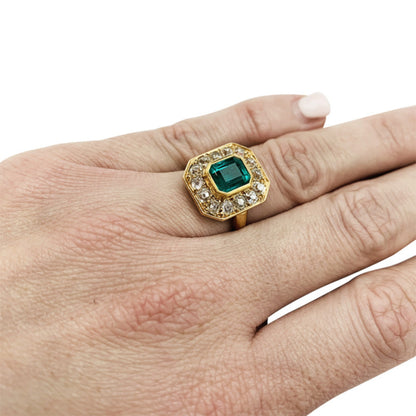 Antique Emerald Ring, Vintage Natural Emerald Engagement Ring, Emerald Gold Ring, Unique Emerald and Diamond Wedding Ring, Statement Ring