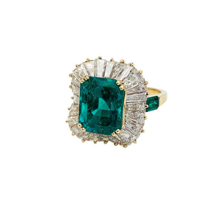 14K Gold Antique Natural Emerald Engagement Ring, Cocktail Ring, Art Deco Emerald and Diamond Wedding Ring for Women, Emerald Statement Ring