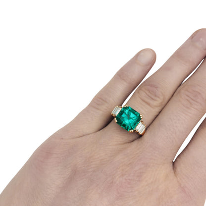 14K Gold Natural Emerald and Diamond Engagement Ring, Antique Art Deco Emerald Wedding Ring for Women, Cocktail Ring, Emerald Statement Ring