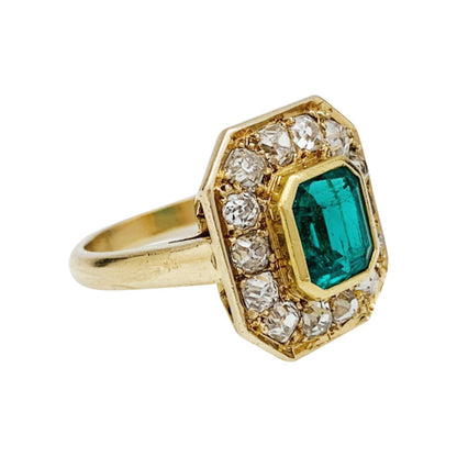 Antique Emerald Ring, Vintage Natural Emerald Engagement Ring, Emerald Gold Ring, Unique Emerald and Diamond Wedding Ring, Statement Ring