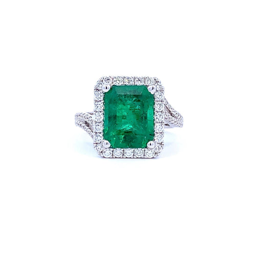 Art Deco Emerald Ring, Vintage Halo Natural Emerald Engagement Ring, Unique Emerald Cut Emerald and Diamond Engagement Ring, Antique Ring