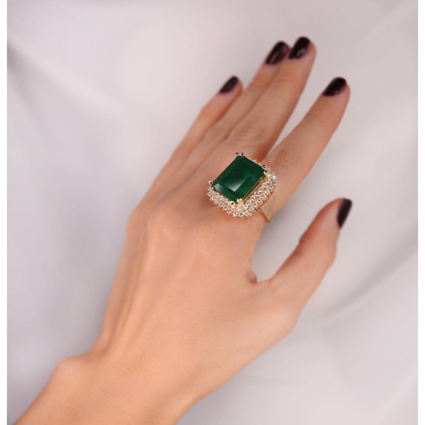 Art Deco Emerald Engagement Ring, Unique Natural Emerald and Diamond Wedding Ring, Antique Emerald Statement Ring for her