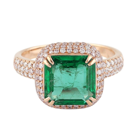 Antique Emerald Statement Ring, 14K Rose Gold Natural Emerald and Diamond Engagement Ring for Her, Halo Emerald Wedding Ring