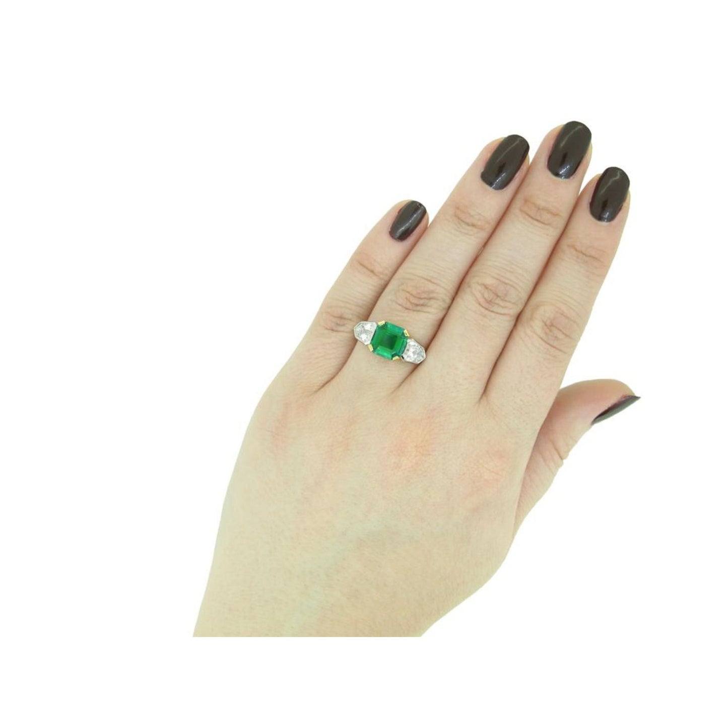 Anillo de compromiso minimalista único con esmeralda, anillo de oro antiguo con esmeralda natural de 3 piedras, anillo de bodas con esmeralda y diamantes para ella