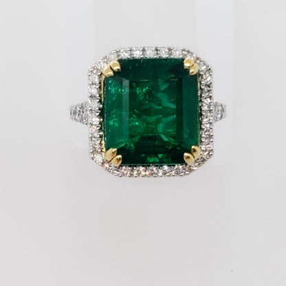 Antique Emerald Statement Ring, Vintage Natural Emerald and Diamond Engagement Ring for Her, Art Deco Halo Emerald Wedding Ring