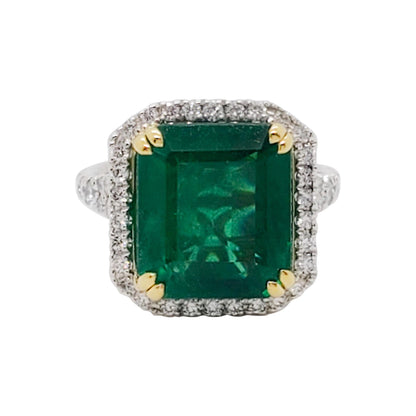 Antique Emerald Statement Ring, Vintage Natural Emerald and Diamond Engagement Ring for Her, Art Deco Halo Emerald Wedding Ring