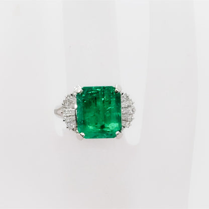 Antique Emerald Statement Ring, Unique 14K Natural Emerald and Diamond Engagement Ring for Her, Halo Emerald Wedding Ring, Art Deco Ring