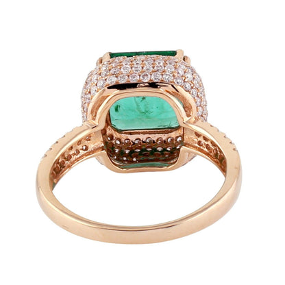 Antique Emerald Statement Ring, 14K Rose Gold Natural Emerald and Diamond Engagement Ring for Her, Halo Emerald Wedding Ring