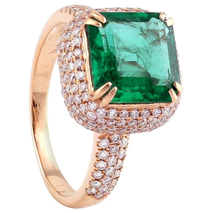 Antique Emerald Statement Ring, 14K Rose Gold Natural Emerald and Diamond Engagement Ring for Her, Halo Emerald Wedding Ring