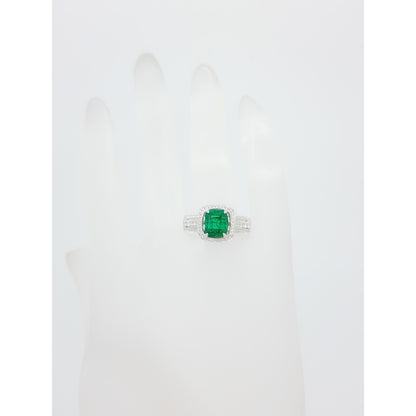 Art Deco 2 Carat Emerald Statement Ring, 14K White Gold Natural Emerald and Diamond Engagement Ring for Her, Halo Emerald Wedding Ring