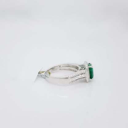 Art Deco 2 Carat Emerald Statement Ring, 14K White Gold Natural Emerald and Diamond Engagement Ring for Her, Halo Emerald Wedding Ring