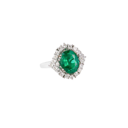 Antique Oval Emerald Statement Ring, Art Deco Halo Natural Emerald and Diamond Engagement Ring for Her, Vintage Unique Engagement Ring