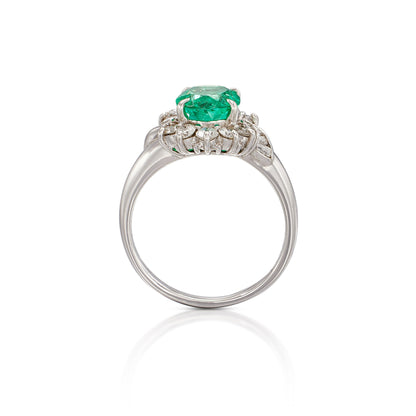 Antique Halo Emerald Engagement Ring, 14K White Gold Natural Emerald Diamond Engagement Ring for Her, Emerald Wedding Ring, Anniversary Ring