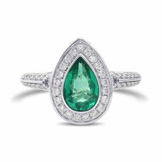 Halo Natural Emerald and Diamond Engagement Ring 14K White Gold Art Deco Pear Cut Emerald Statement Ring, Vintage Engagement Ring, Promise