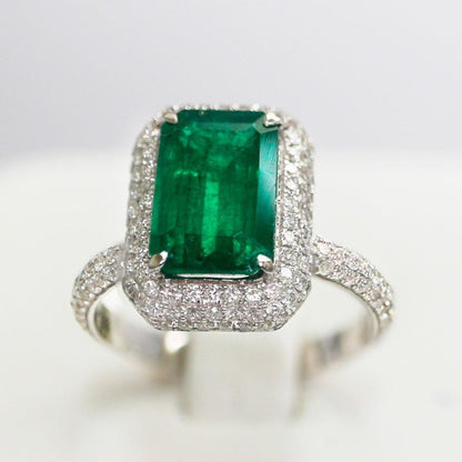 Unique Elongated Emerald and Diamond Wedding Ring, Natural Emerald Engagement Ring, Antique Emerald Diamond Statement Ring, Anniversary Gift