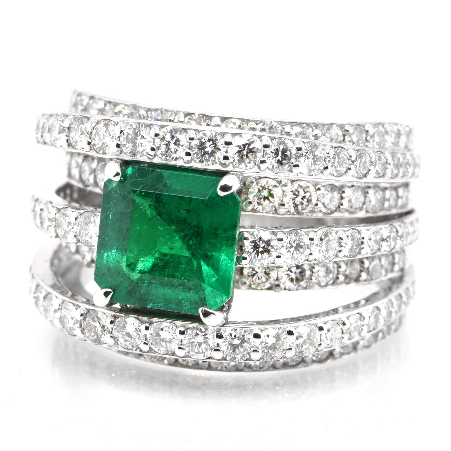 Vintage 18K White Gold Emerald and Diamond Cocktail Ring, Antique Natural Emerald Wedding Band, Unique Emerald Statement Ring for Her