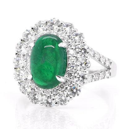 Art Deco Emerald Cabochon Cocktail Ring, Antique Natural Emerald and Diamond Statement Ring for Women Vintage Unique Emerald Engagement Ring