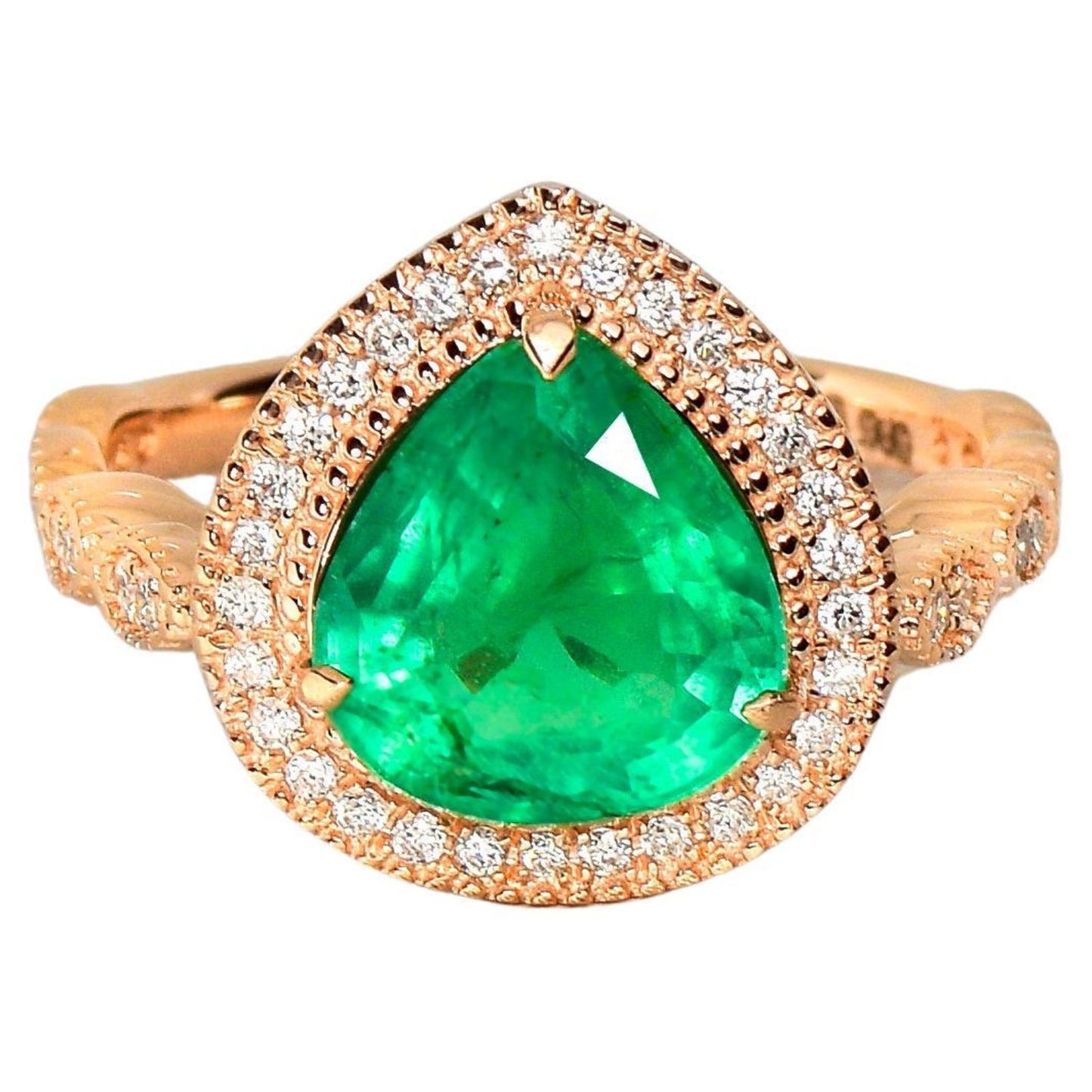 Anillo de compromiso con diamante esmeralda natural de talla pera antigua, anillo de bodas exclusivo con esmeralda de 2 quilates, anillo de compromiso de oro de 14 quilates, anillo con halo de esmeralda verde