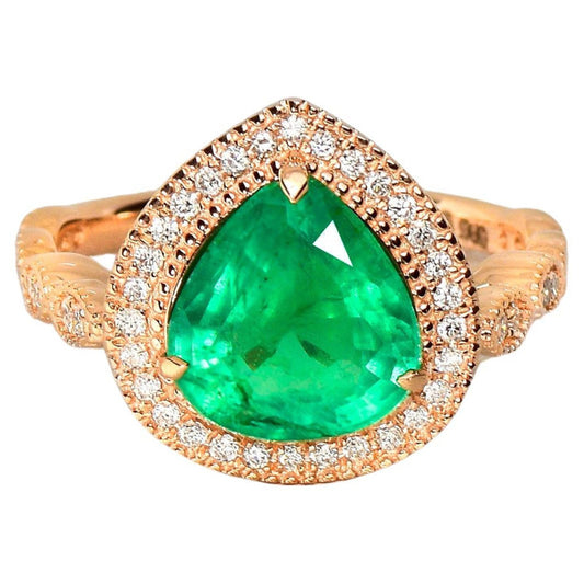 Antique Pear Cut Natural Emerald Diamond Engagement Ring, Unique 2 CT Emerald Wedding Ring, 14K Gold Promise Ring, Halo Green Emerald Ring